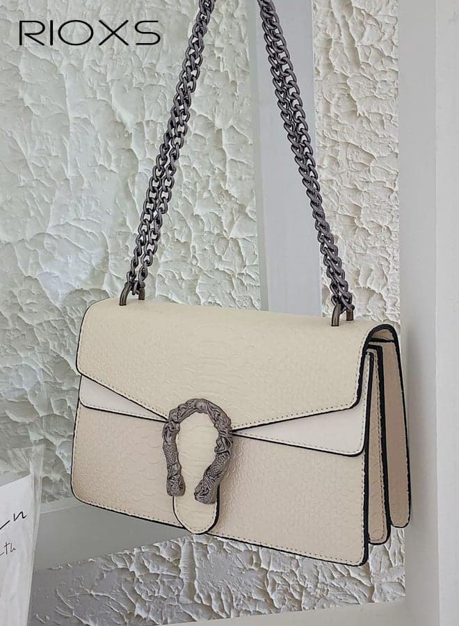 Women's Cross-body Bags, Evening-Ready Crossbody for Women, Sleek PU Leather Chain Satchel, Ladies Fashion Handbags Clutch Purses Chain Shoulder Bags, Zip Crossbody Purse for Women with Flap Closure and Metal Shoulder Strap, Women's Fashion Bag for Travel Party Dating Shopping, Beige Handbags