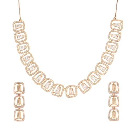 Nilu’s Collection Rose Gold Plated American Diamond Necklace & Earrings Set For Women | Anti-Tranish | Anti Allergy | Latest Fashion Jewellery Accessories for Girls | Minimal Jewelry | Ideal for Gifting (Style 1)
