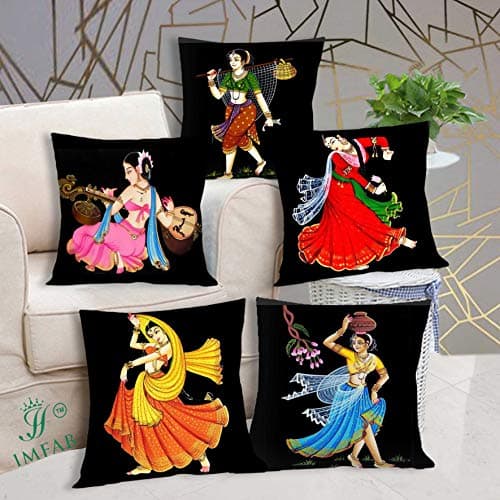 IM FAB Traditional Black Printed Canvas Cotton 200TC Cushion Cover Set of 5 Pcs (24 X 24 Inches or 60 X 60 cms)