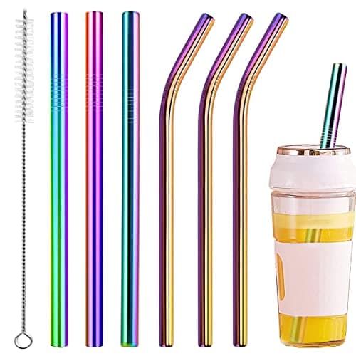 Vinaco Reusable Smoothie Straw, 0.4'' Extra Wide Stainless Steel Straw 10.5'' & 8.5'' Long colorful Straws, 6 Pack Metal Straw with 1 Reusable Straw Brush Cleaner for Milkshake, Smoothie, Bubble tea