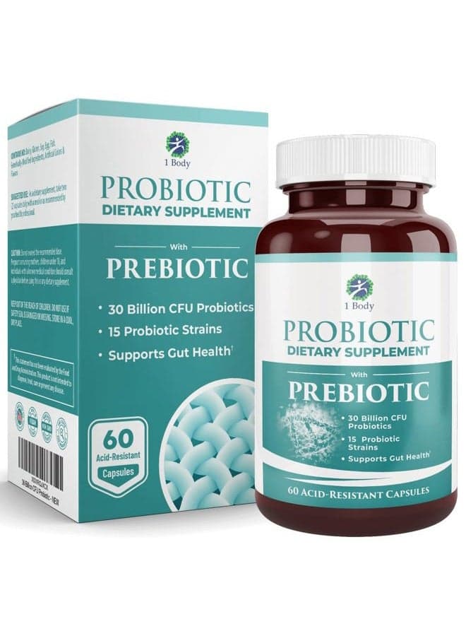 30 Billion CFU Probiotic Supplement with Prebiotics – Patented Acid Resistant Capsules to Promote Gut Health, Support Immune System – Probiotics for Women and Men - 60 Vegetarian Capsules