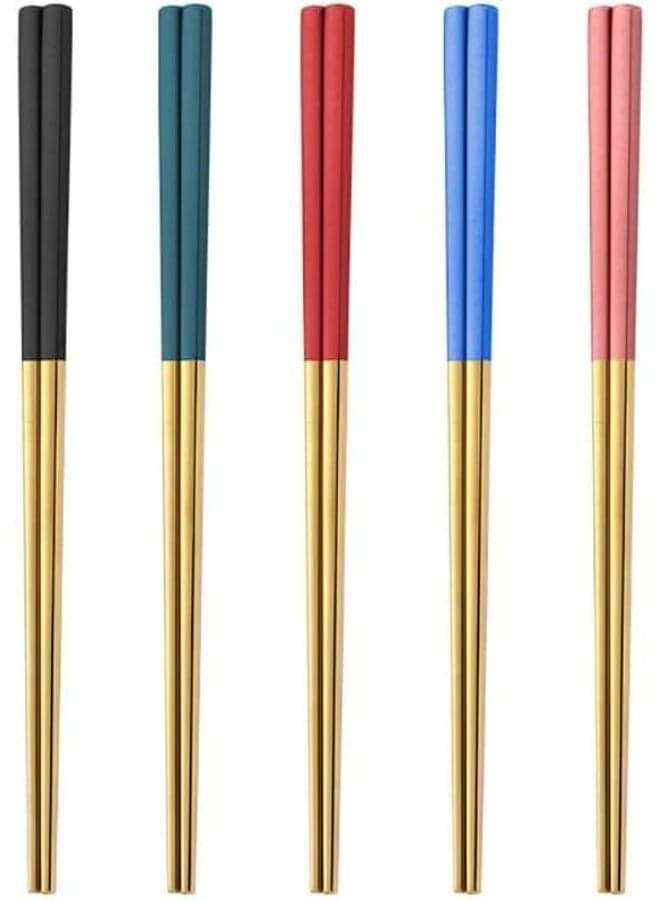 5 Pairs Stainless Steel Chopsticks Set, 304 Metal Reusable, Square Anti-Slip, Dishwasher Safe, Lightweight Korean Japanese Chopsticks for Sushi, Noodles, Hot Pot, 23cm – Gold 5 Colors