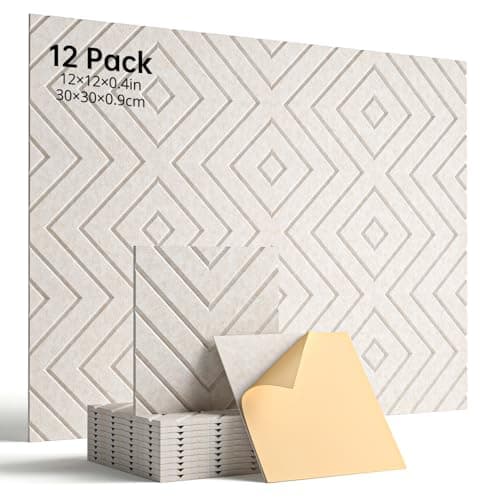 Woovio Sound Proof Foam Panels for Walls, 12 Pack Self-Adhesive Acoustic Panels, 12" X 12" X 0.4" Soundproof Wall Panels for Door, Ceiling, Home Office Beige