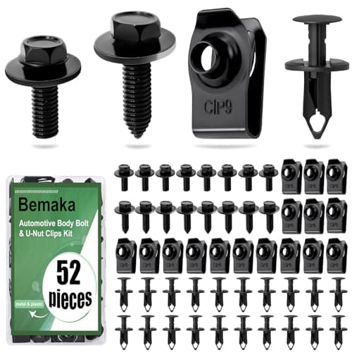 Bemaka 52Pcs Engine Under Cover Splash Shield Guard Body Bolts & Extruded U-Nut Clips Kit, Multipurpose Fender Bolts Fender Liner Clip Plastic Bumper Push Retainer Rivet Clips for Most Vehicles