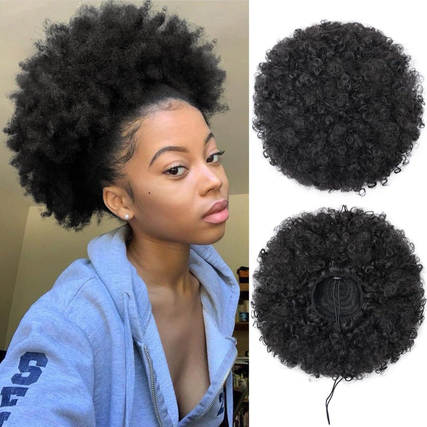 AISI QUEENS Afro Puff Drawstring Ponytail Synthetic Short Afro Kinkys Curly Afro Bun Extension Hairpieces Updo Hair Extensions with Two Clips Natural Black Large Size1B