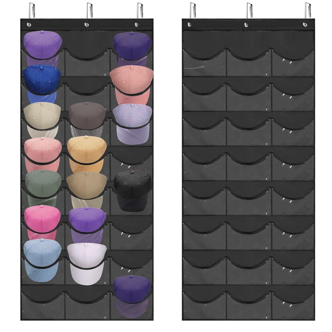 BiCINE Hat Rack for Baseball Caps 24 Pocket Over the Door Hat Organizer with 3 Hooks Hat Holder for Door with Large Clear Pockets Hat Storage to Protect and Display Black 1 Pack