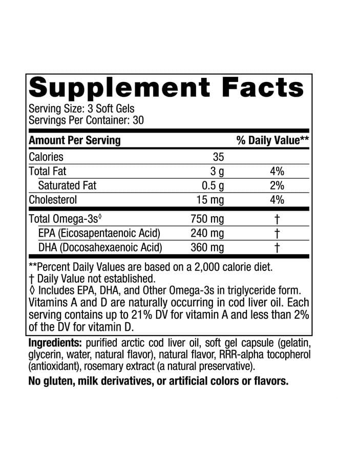 Arctic Cod Liver Oil, Lemon - 90 Soft Gels - 750 mg Total Omega-3s with EPA & DHA - Heart & Brain Health, Healthy Immunity, Overall Wellness - Non-GMO - 30 Servings