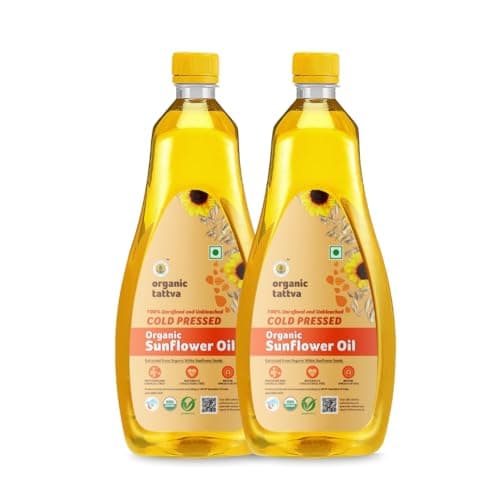 Organic Tattva, Organic Cold Pressed Sunflower Oil, 1 Litre | Unrefined Surajmukhi Tel | Cholesterol and Tran Fat Free| 100% Organic | Pesticide and Chemical Free | Pure and Unadulterated | Double Filtered | Expeller-Pressed | Pack of 2