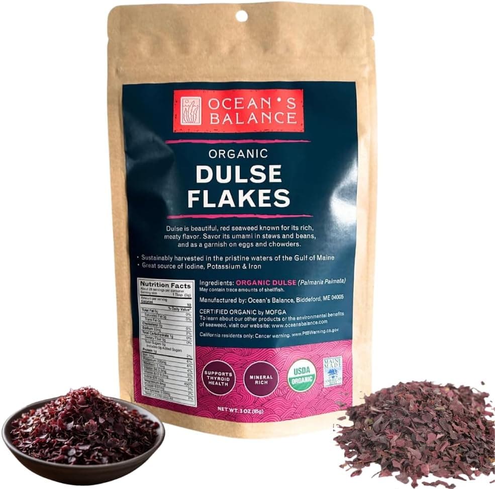 Ocean's Balance Organic Dulse Flakes - Nutrient-Dense Seaweed for Keto, Paleo, Vegetarian & Vegan Diets (3oz)