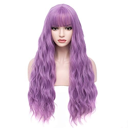 BERON 27 Inches Lavender Purple Wig - Long Curly Synthetic Wig with Bangs, Fluffy Wavy, Heat Resistant