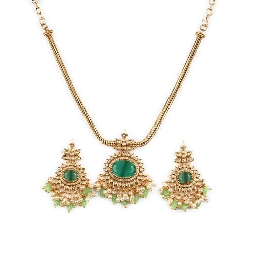 Sasitrends Temple Matte Gold Plated Oval Pendant Mint Necklace Set with Pearl and Stone Beads