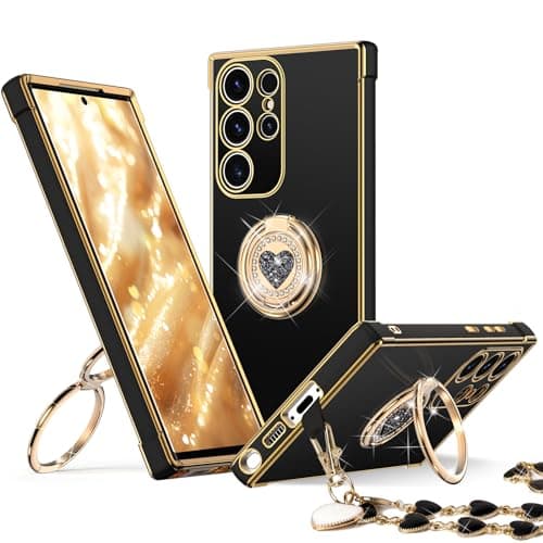 XYZ for Galaxy S25 Ultra Case with Stand, for Samsung Galaxy S25 Ultra Case with Double Ring Kickstand, Women Girls Cute Love-Heart Bling Luxury Protective Phone Case for Samsung S25 Ultra, Black