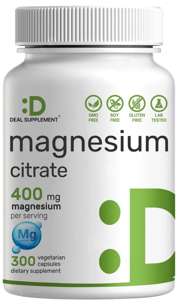 Magnesium Citrate 400mg Per Serving 300 Veggie Capsules Chelated Easily Absorbed Purified Trace Mineral Muscle Heart Digestive Support NonGMO
