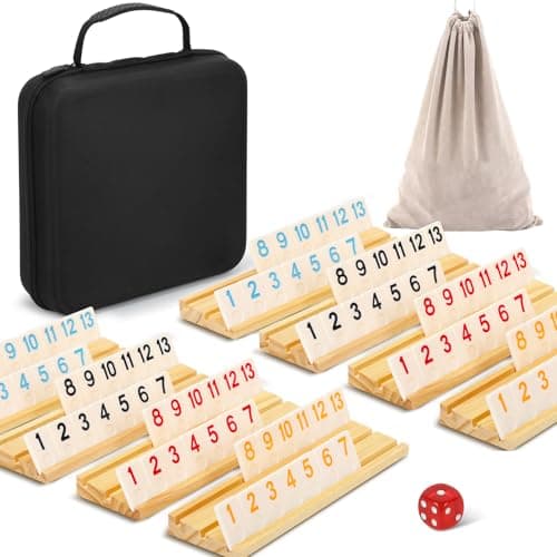 28 Players Games Gifts Easter GiftsEaster Basket Stuffers for Adults Rummy Game Set 214 Melamine Tiles 8 Wooden Racks Drawstring Bag Premium Portable Case Tile Board Games for Adults