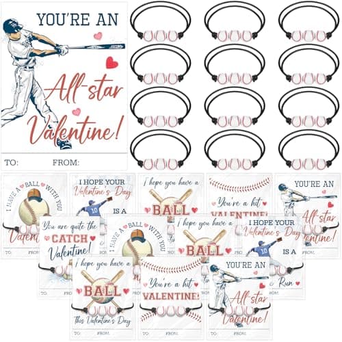 Equsion 36 Set Baseball Valentines Gift Cards and Bracelet for Kids Classroom Valentines Day Exchange Gift Adjustable Sports Bracelet for Boys Girls Party Favor Prizes Supplies