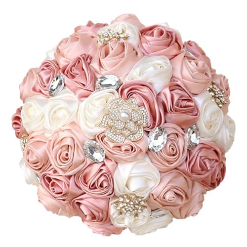 Gkvszy Blush Pink and Ivory Bridal Wedding Bouquet with Gold Brooch Bling Rhinestone Bouquet for Bride Bridesmaid Quinceanera Satin Dusty Rose Flower Bouquet Wedding Blush Pink and Ivory 7.5in