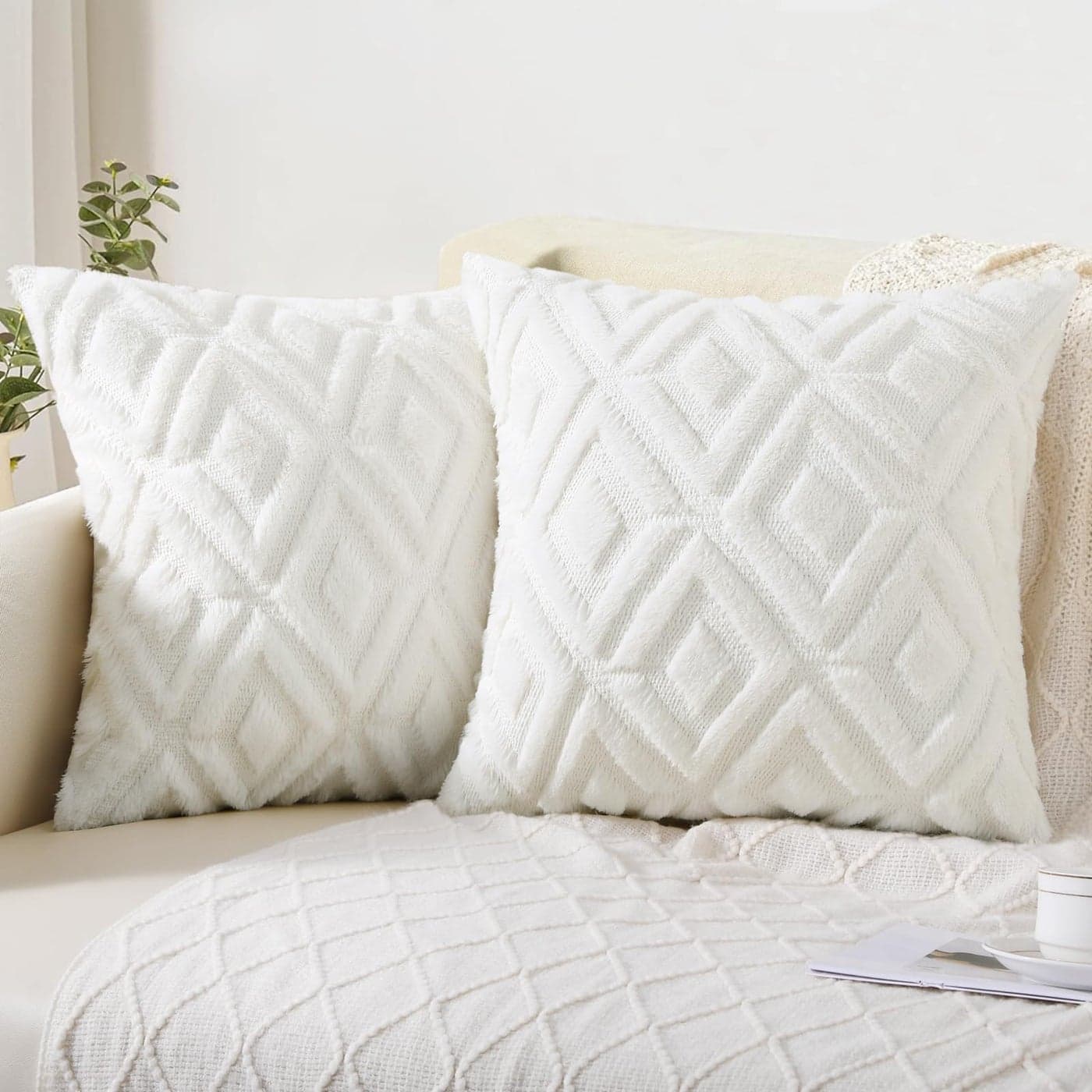 Pallene Spring Soft Faux Fur Throw Pillow Covers 18x18 Set of 2 Plush Wool Decorative Couch Pillow Covers for Sofa Bed Living Room with 3D Diamond Pattern Cream White