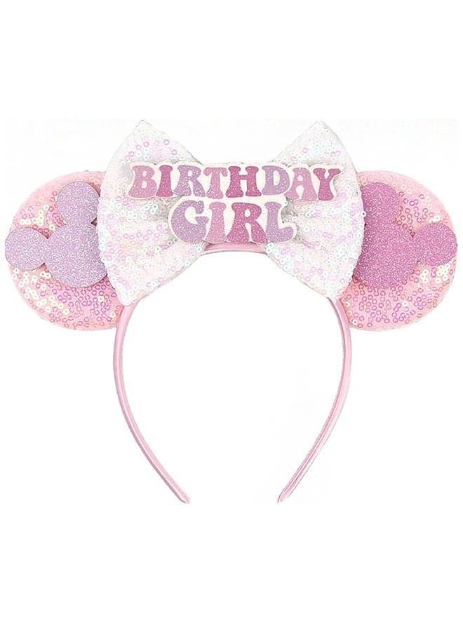 Birthday Minnie Ears Headband, Birthday Party Crown Headband Glitter Crown for Girl, Birthday Party Supplies (Pink)