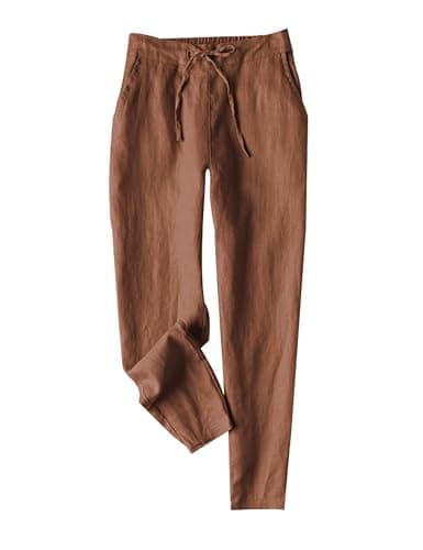 Tanming Linen Pants for Women Summer Casual High Waisted Drawstring White Beach Pant(Rust-S)