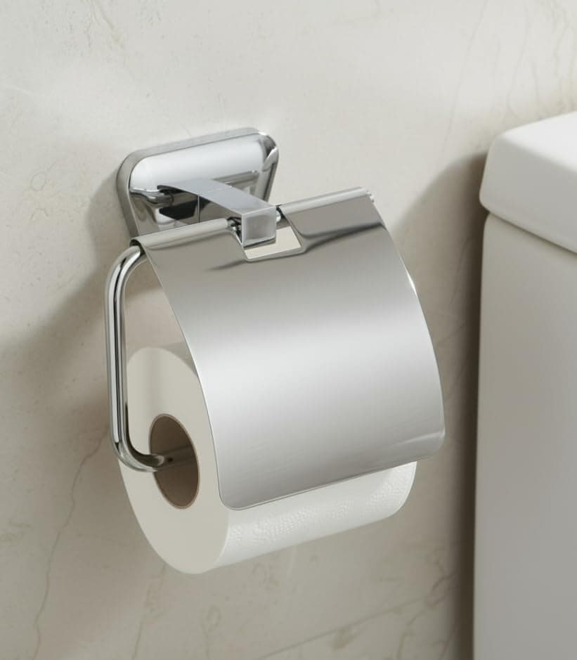 KANJAL Premium Chrome Finish Stainless Steel Toilet Paper Holder | Wall Mounted Bathroom Tissue Roll Dispenser with Cover/Lid | Rust-Proof & Modern Design for Home/Hotel Bathrooms