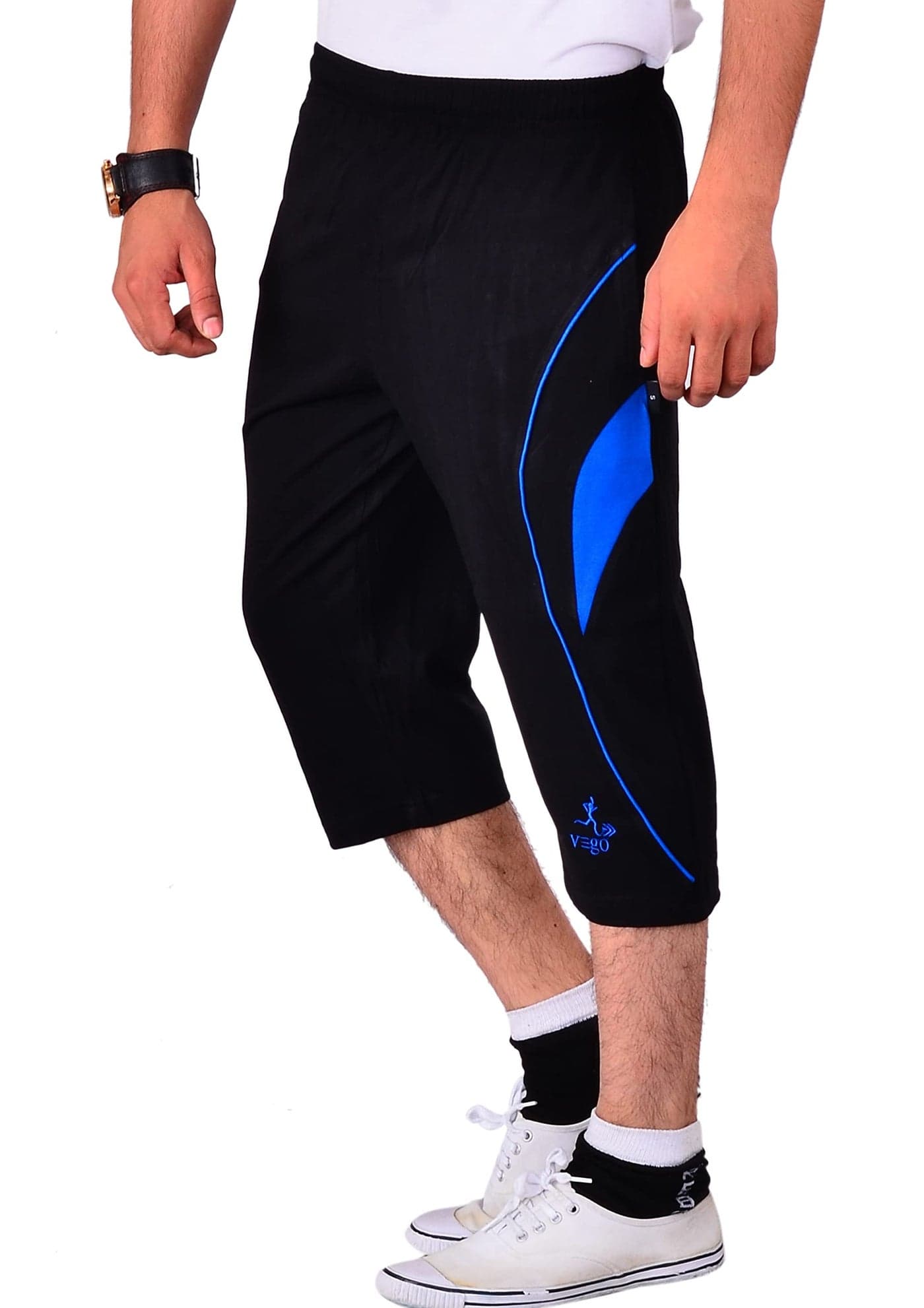VEGO Mens Cotton Three by Fourth, 3/4, Capri, Three Quarter Pant Black Plus Size - (Black_L)