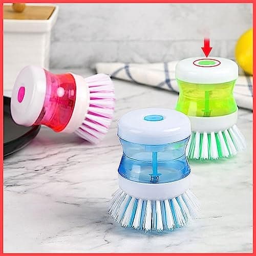 Wolpin 2-in-1 Dishwashing Brush with Soap Dispenser | Pack of 2 Kitchen Cleaning Brushes for Dishes, Cookware & Gas Tops