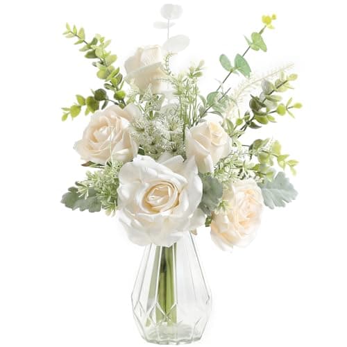 GAATEEK Artificial Flowers with Vase,White Silk Roses and Fake Plant Eucalyptus in Vase,Faux Flower Arrangement with Vase Suitable for Home Office Decoration, Living Room and Dining Table Centerpiece