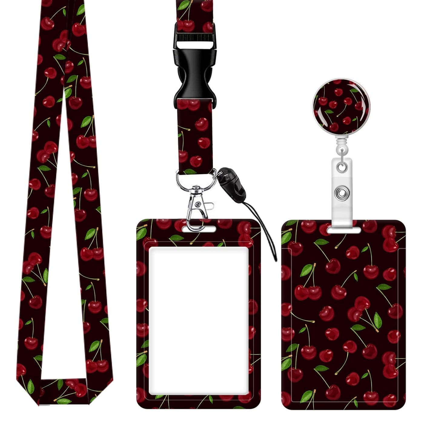 BLOCIT ID Badge Holder with Lanyard - Fashionable ID Card Holders with Retractable Lanyards - Soft Fiber Metal Clip Sturdy Buckle for Key Wallet - Work Nurse Teacher (Cute Cherry)