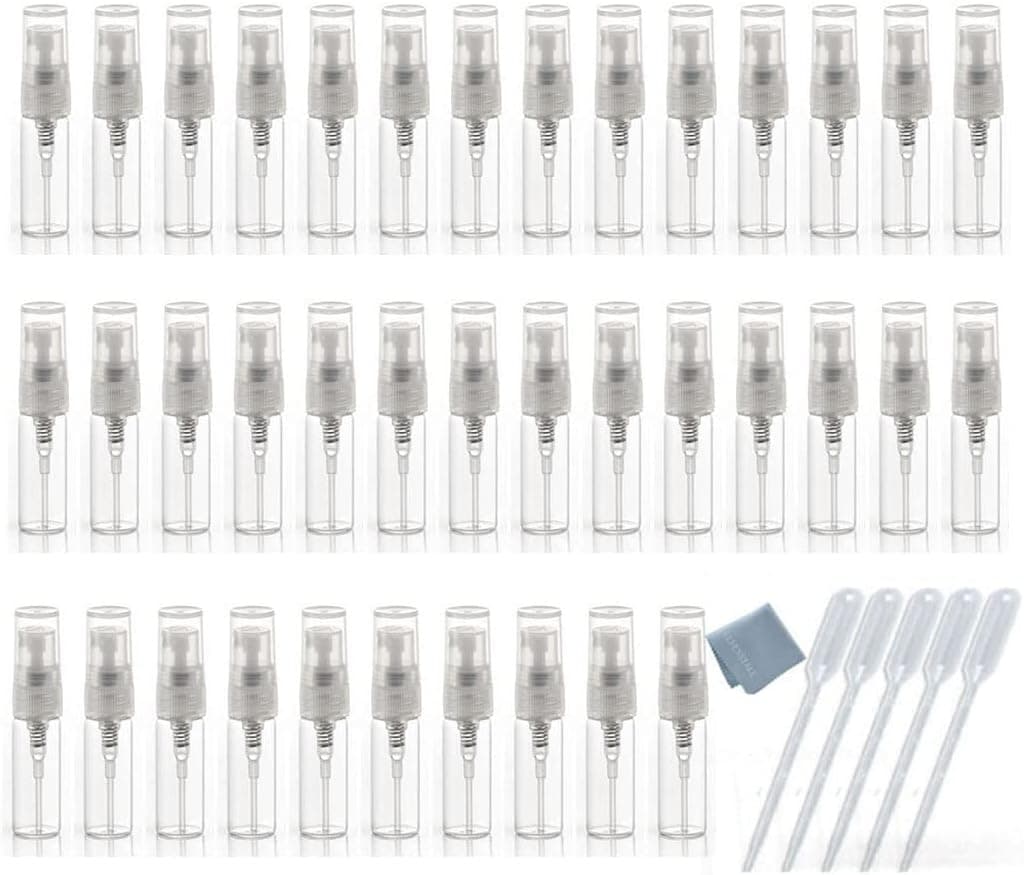 50PCS 3ML Clear Fine Mist Sample Vial Small Glass Atomizer Spray Perfume Bottle Hydrating Empty Bottle For Travel Makeup Party Free 5PCS Pipette Dropper