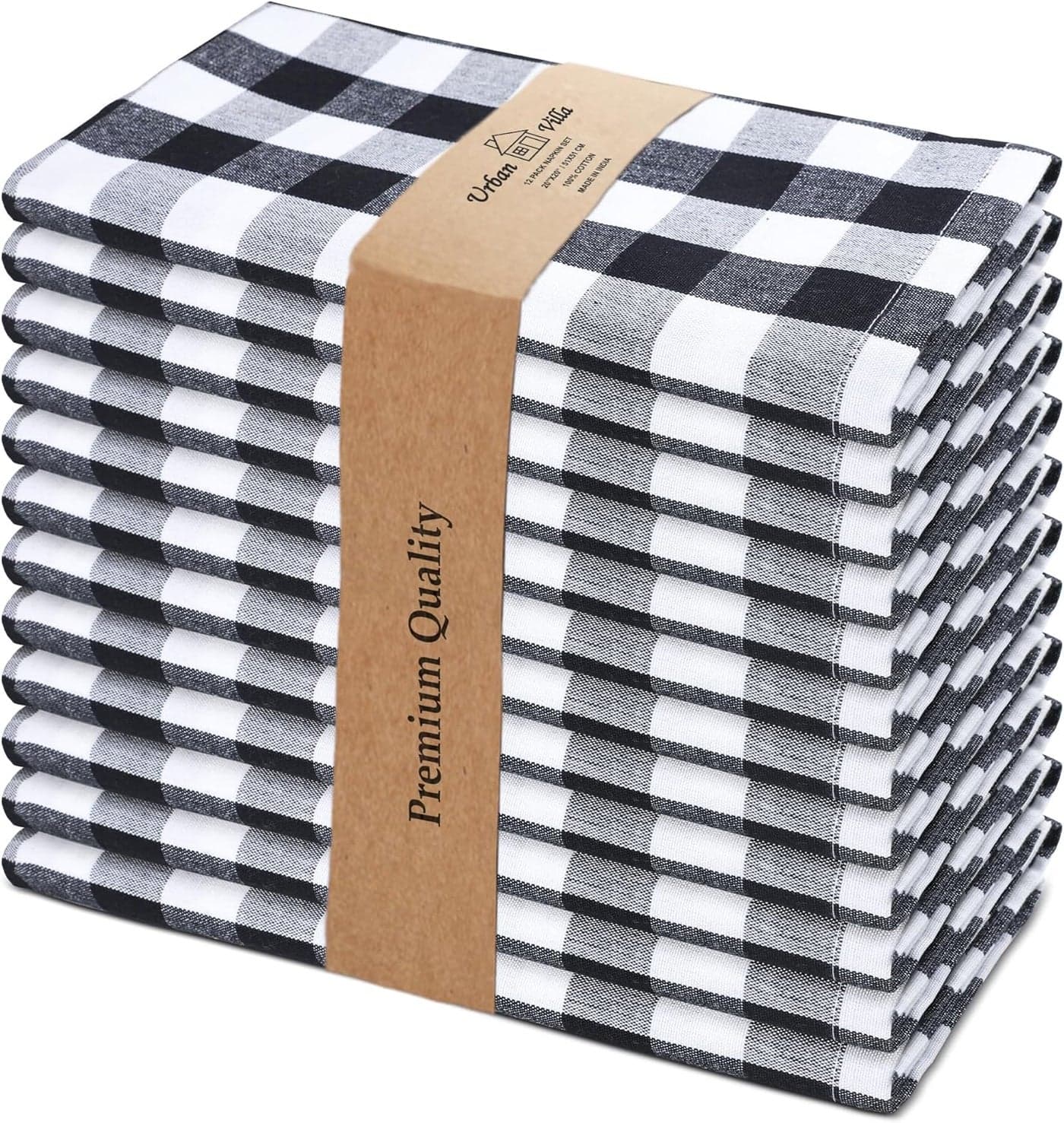 Urban Villa Cloth Napkins 100 Cotton Dinner Napkins Highly Absorbent 20x20 Inches Set of 12 Black White Buffalo Checks Reusable Washable Soft Durable Premium Napkins Ideal for Home Wedding Parties
