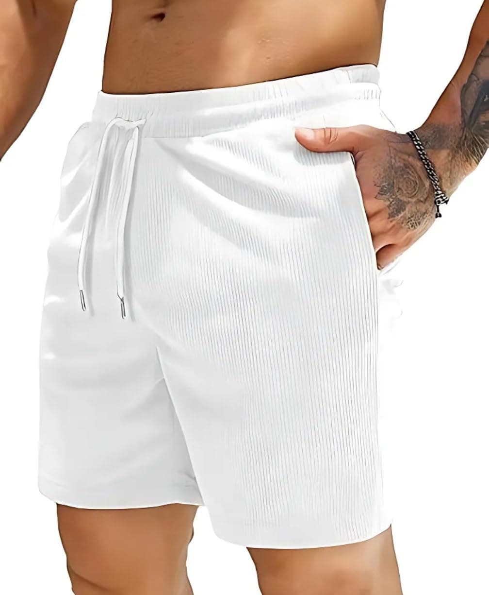 SMOWKLY Men's Premium Polycotton Casual Ribbed Shorts || Elastic & Drawstring Waist with 2 Pocket || Loose Fit Lightweight Burmuda Perfect for Workout, Beach & Summer ||Shorts Pant for Men White