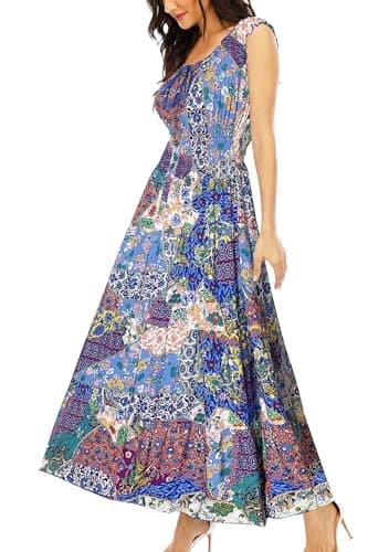 OSTOO Women's 2025 Summer Boho Floral Print Tiered Casual Flowy Long Maxi Dress(Blue,M)