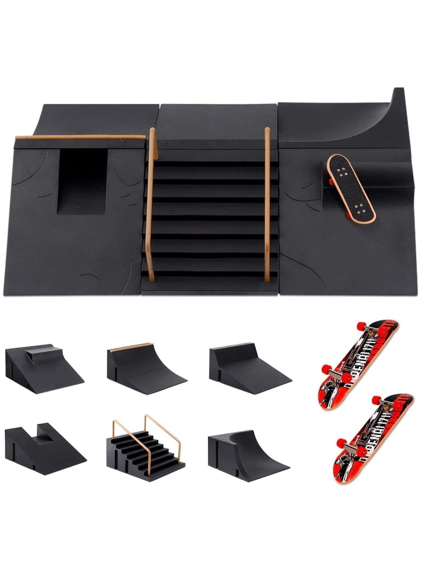 Mini Finger Skateboards Ramp, 6-in-1 Fingerboard Toy Skate Park Kit with 3 Skateboards, DIY Assembly Skateboard Ultimate Set Ramps for Kids Birthday Gift