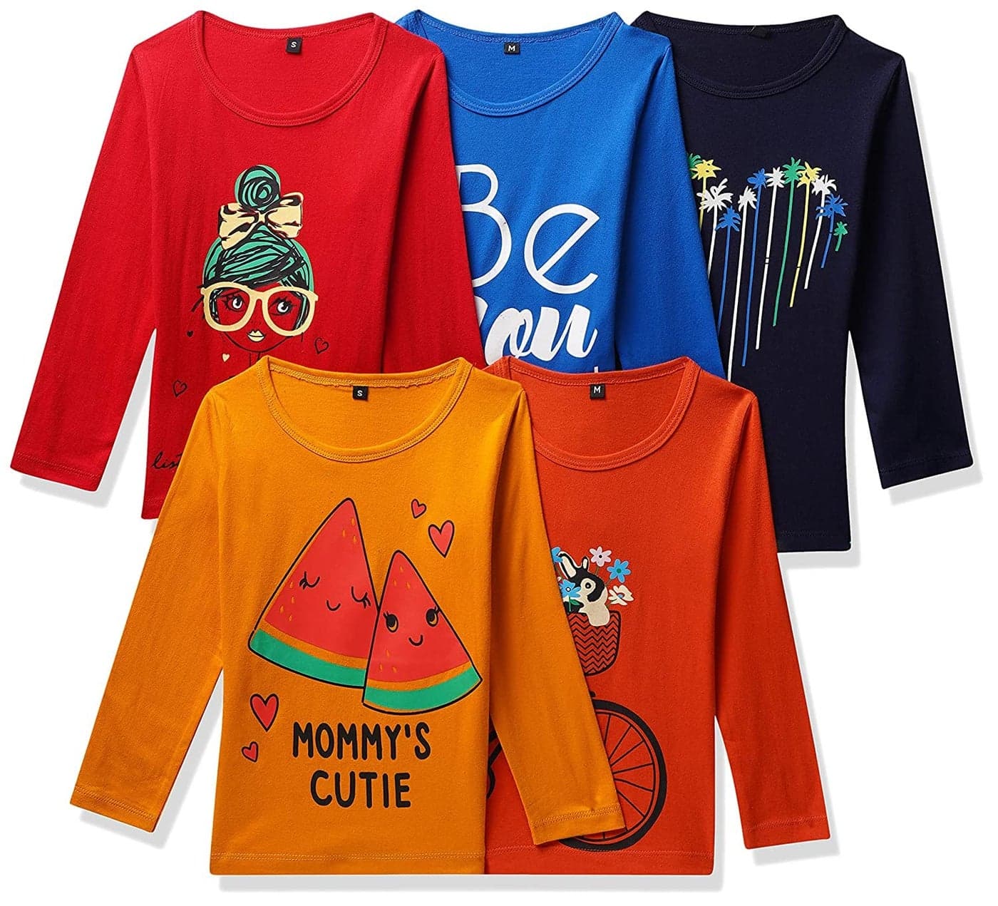 T2F Girl's Cotton Printed Regular Fit Full Sleeve T-Shirt(Pack of 5)