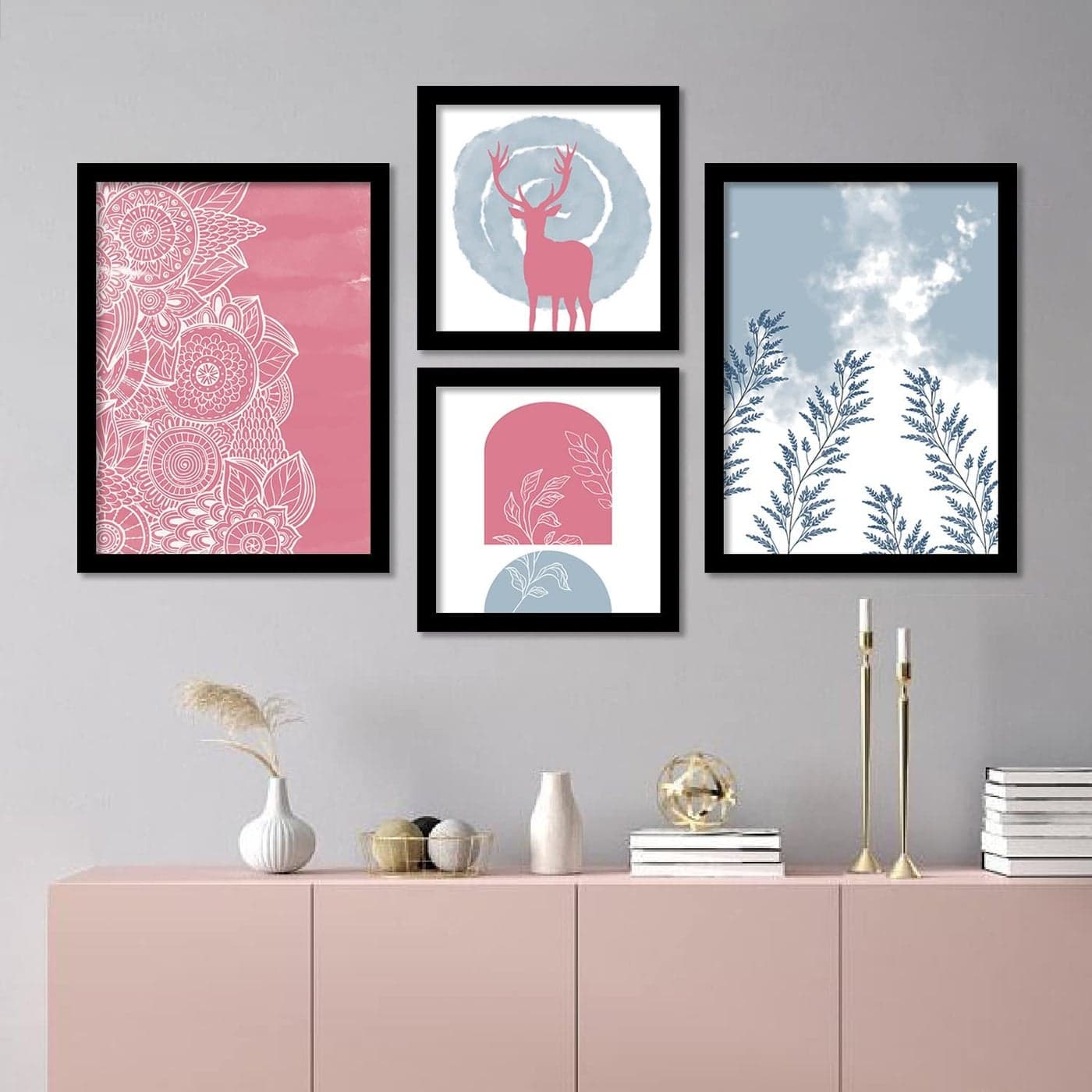 No Worries - Modern Art Framed Wall Posters/Paintings with Frame - Wall Decor Hangings Framed Wall Art Paintings (11 inch x 14 inch, Pink) Set of 4
