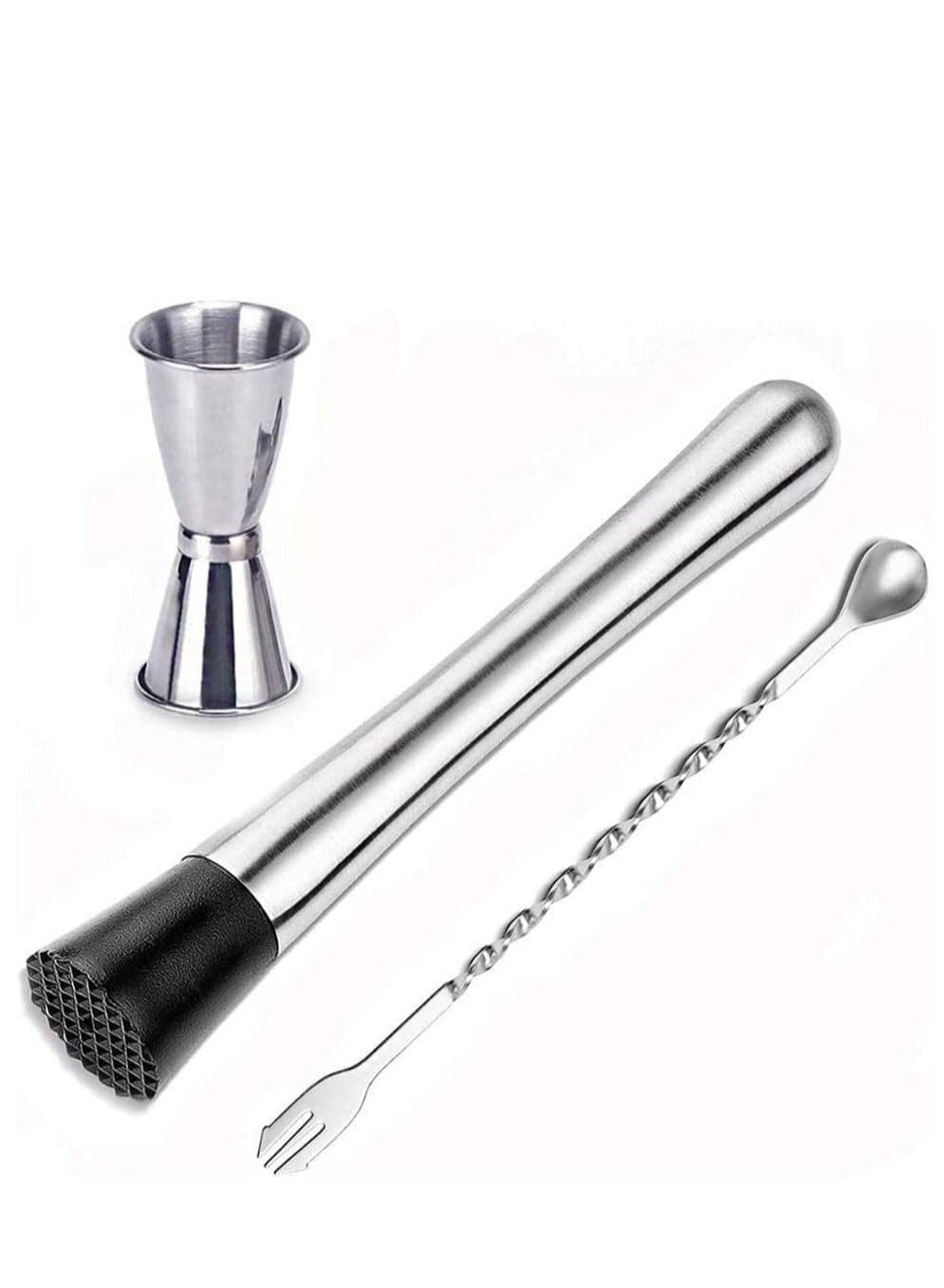 Stainless Steel Cocktail Muddler and Mixing Spoon, Jigger, Professional Home Bar Tool Set, Bartender Accessories, Ice Crusher, for Mojitos and Other Fruit Based Drinks