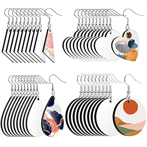 Whaline 40Pcs Sublimation Blank Earrings Round Heart Teardrop Irregular Square MDF Board White Earrings Heat Transfer Earring Unfinished Wood Earring for Jewelry DIY Making Crafts Supplies