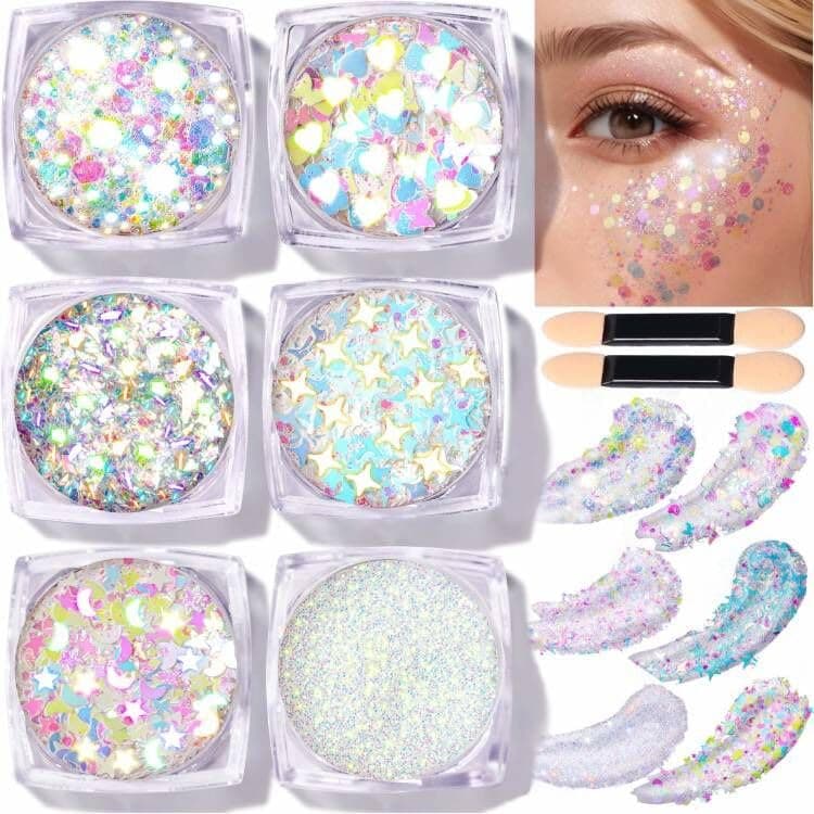 Teenitor Face Glitter Body Glitter Clear White Body Glitter Gel Hair Glitter Gel 6 Shapes Rave Glitter Mermaid Sequins Makeup Glitters Face Paint Chunky Sparkling Glitter Gel for Women
