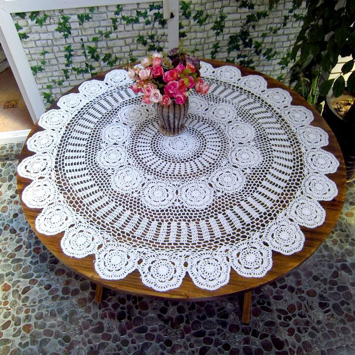 Damanni White Cotton Handmade Crochet Lace Tablecloth Doilies Table OverlayRound35 Inch