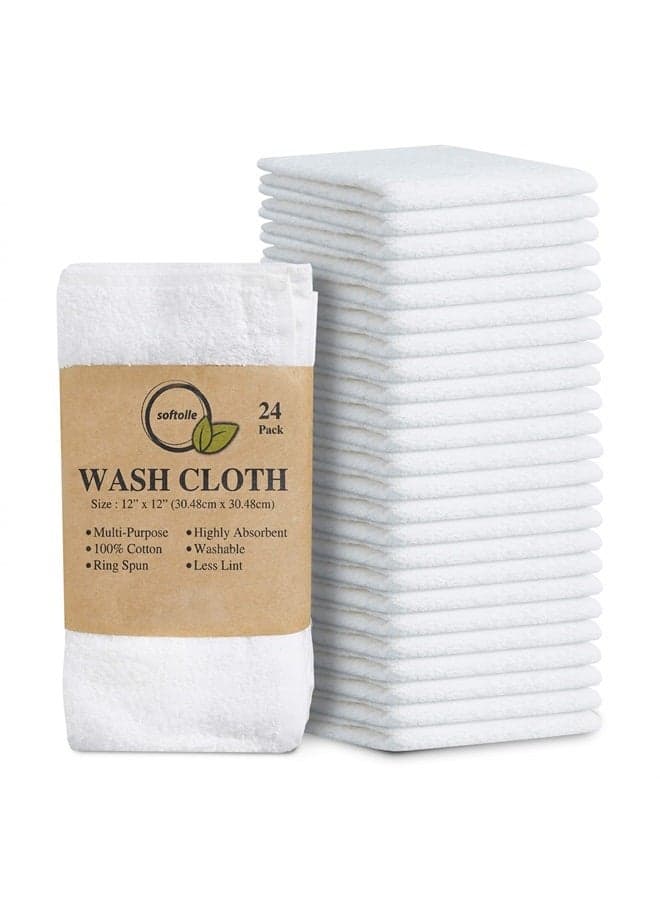 100% Cotton Ring Spun Wash Cloths – Bulk Pack of Washcloths – 12x12 Inches – Wash Cloth for Face, Highly Absorbent, Soft and Face Towels (White, 24 Pack)