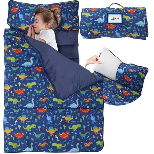 E1F1NN DOT Toddler Nap Mat with Detachable Pillow Blanket Soft Plush Minky Fleece Kids Sleeping Bag for Daycare Preschool Travel Portable RollUp Design with Carry Handle Boys Girls Ages 3