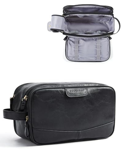 BAGSMART Large Toiletry Bag for Men Highgloss PU Leather Travel Bag for Toiletries Dopp Kit Water Resistant Shaving Bag for Bathroom ShowerBlack