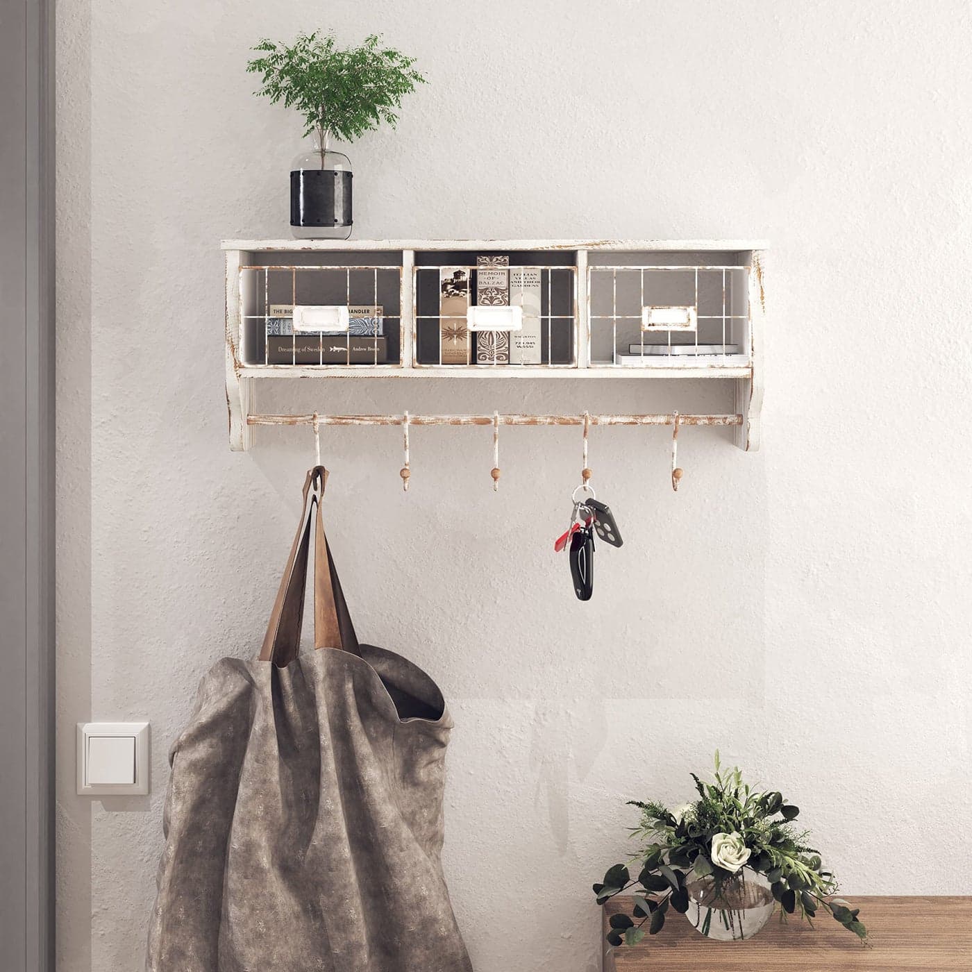 HBCY Creations Wall Mounted Shelf with Coat Hooks and Baskets Solid Wood Entryway Organizer Wall Shelf with Hooks Hang Coats Keys or Coffee Mugs Rustic Whitewashed 24 Wide