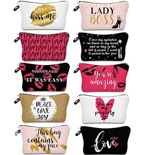 Boao 10 Pieces Letters Makeup Bags Bulk Cosmetic Pouch for Women Travel Zipper Organizer Toiletry Bag Printing Pencil Bag Christmas Supplies Gift(Black, Gold and Pink Style)