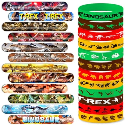 48PCS Dinosaur Party Bracelets Set 24 Slap Bracelets 24 Rubber Bracelets Dino Animals Silicone Wristbands Birthday Party Supplies Classroom Rewards Carnival Prizes