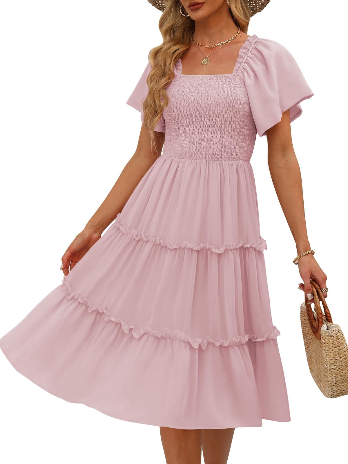LILLUSORY Spring Midi Graduation Bridal Baby Shower Dresses Women 2024 Summer Casual Flowy Bridal Sun Sundress Trendy Brunch Cute Ladies Vacation Smocked Teacher Clothes Outfits Pink