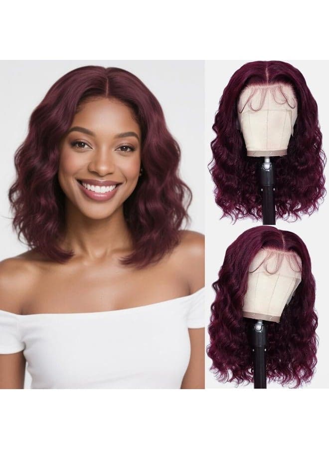 13X6 14inch 99J 230%Density Bob Body Wave Red Burgundy Wig Human Hair Red Bob Wig Human Hair Dark Burgundy Body Wave Bob Lace Front Wigs Pre Plucked With Baby Hair HD Transparent Lace Frontal Wig