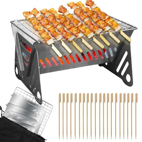 Outdoor Stainless Steel Camping Grill Folding Barbecue Grills Mini Portable Camping Grill with Bamboo chopsticksStorage bag Small Assemblable Removable BBQ Grill Tabletop Fire Pit for Camping Patio