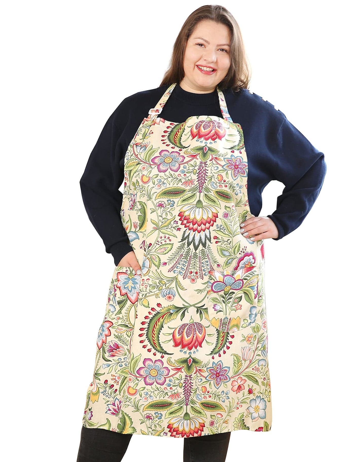 APRONNER Cotton Linen Baking Plus Size Aprons for Women with Pockets Kitchen Cooking Yellow Flowers