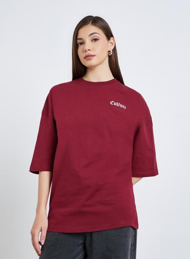 Women Burgundy Graphic Print Oversized T-Shirt